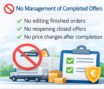 Fără administrarea ofertelor finalizate pentru șoferi pe ExusTrans Ilustrație care arată că șoferii nu pot edita sau redeschide oferte de transport finalizate pe platforma ExusTrans